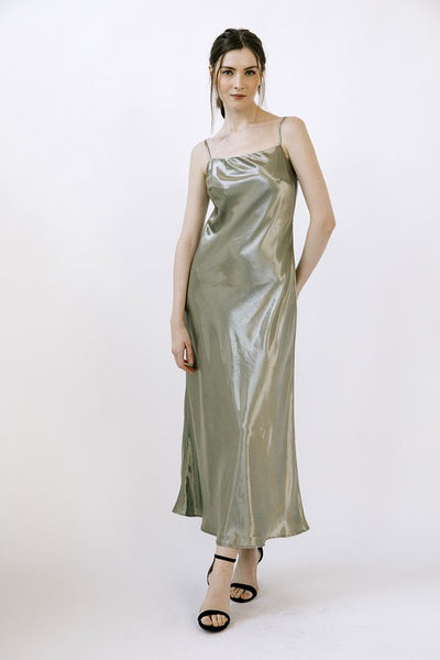 Olive Metallic Foil Satin Slip Midi Dress