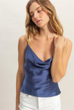 Navy Cowl Neck Satin Cami