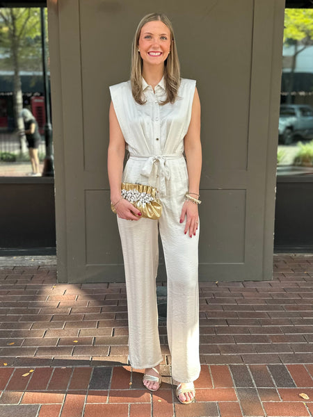 Ivory Shoulder Pad Button Down Jumpsuit