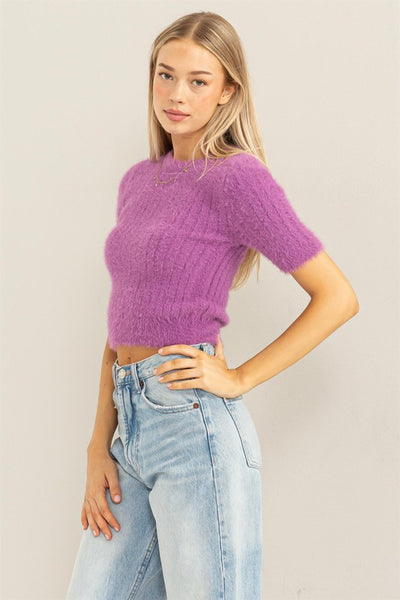 Vintage Plum Colored Ribbed Short Sleeve Fuzzy Sweater