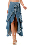 Frayed Denim Ruffled Wrap Skirt