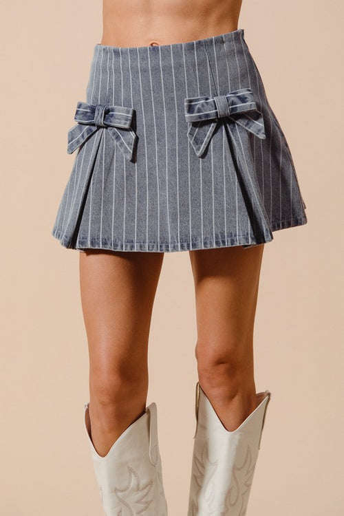 Denim Striped Mini Skirt With Bow Detail