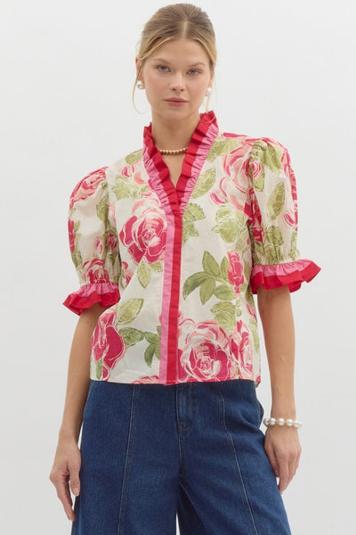 Cream Pink Floral Printed Ruffle Blouse