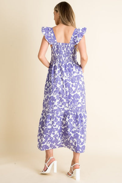 Purple Colored Smocked Floral Print Maxi Dress