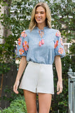 Blue Puff Sleeve Embroidered Tassel Blouse