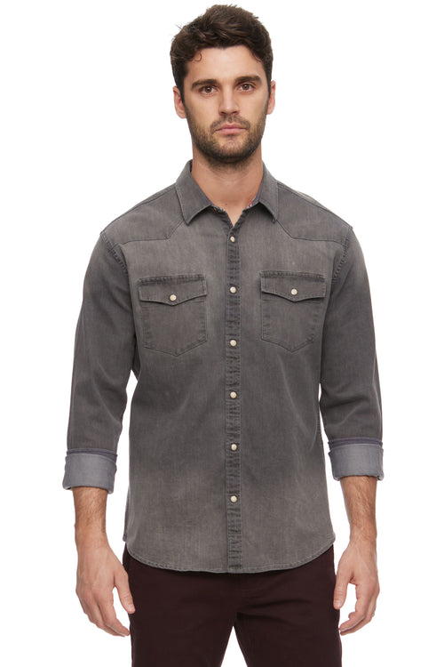 Washed Black Colored Stretch Denim Pearl Snap Shirt