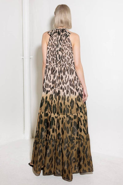 Cheetah Printed Halter Tiered Maxi Dress