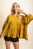 Mustard Colored Round Neck Tiered Satin Top