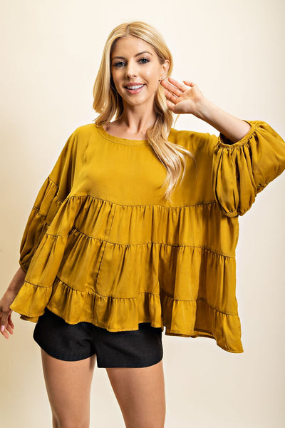 Mustard Colored Round Neck Tiered Satin Top