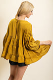 Mustard Colored Round Neck Tiered Satin Top