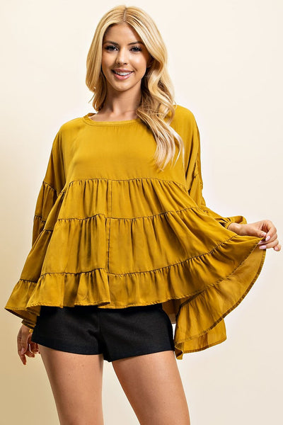 Mustard Colored Round Neck Tiered Satin Top