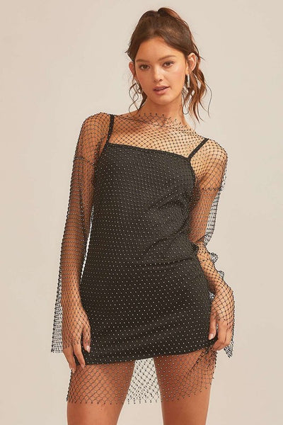 Black Colored Fishnet and Rhinestone Mini Dress