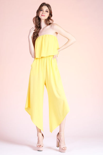 Sunny Yellow Colored Solid Slanted Hem Strapless Jumpsuit