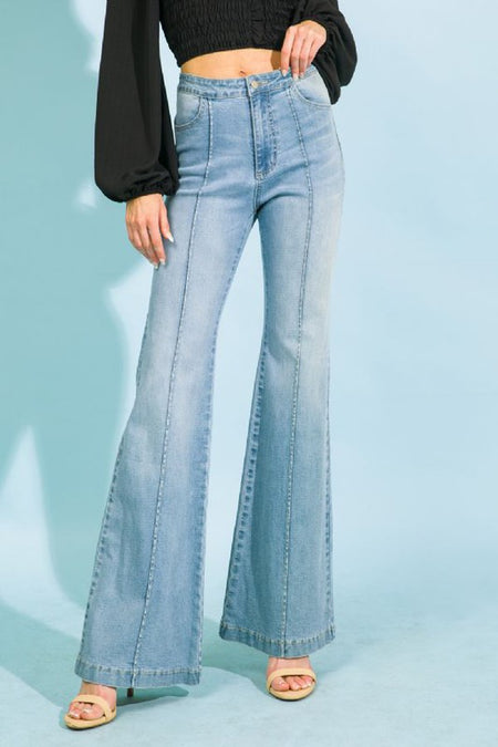 Mariah Medium Wash Mid Rise Flare Jeans with Side Slit