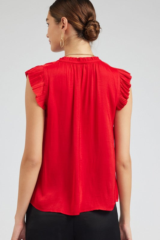 Red Pleated Ruffle Detail Blouse