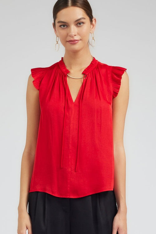 Red Pleated Ruffle Detail Blouse