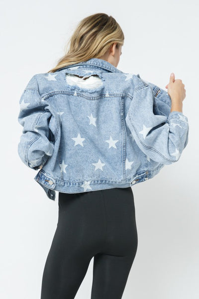 Light Denim Star Print Distressed Denim Jacket