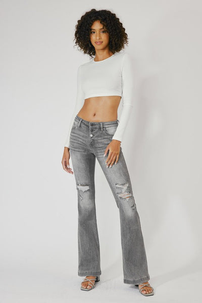 Marie Light Grey Colored Mid Rise Distressed Flare Jeans