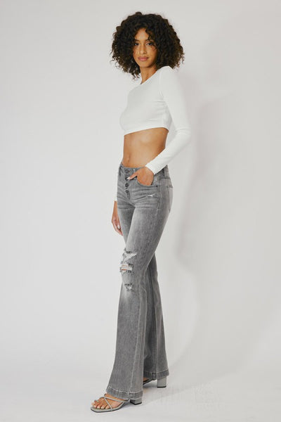 Marie Light Grey Colored Mid Rise Distressed Flare Jeans