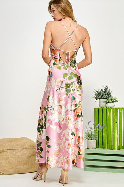 Pink Floral Open Back Dress