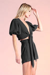 Black Textured Short Sleeve Tie Top