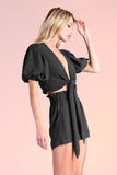 Black Textured Short Sleeve Tie Top
