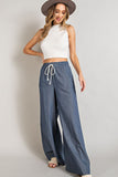 Denim Washed Pinstriped Tie Waist Wide Leg Pants