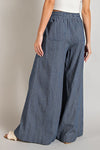 Denim Washed Pinstriped Tie Waist Wide Leg Pants