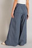 Denim Washed Pinstriped Tie Waist Wide Leg Pants