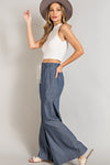 Denim Washed Pinstriped Tie Waist Wide Leg Pants