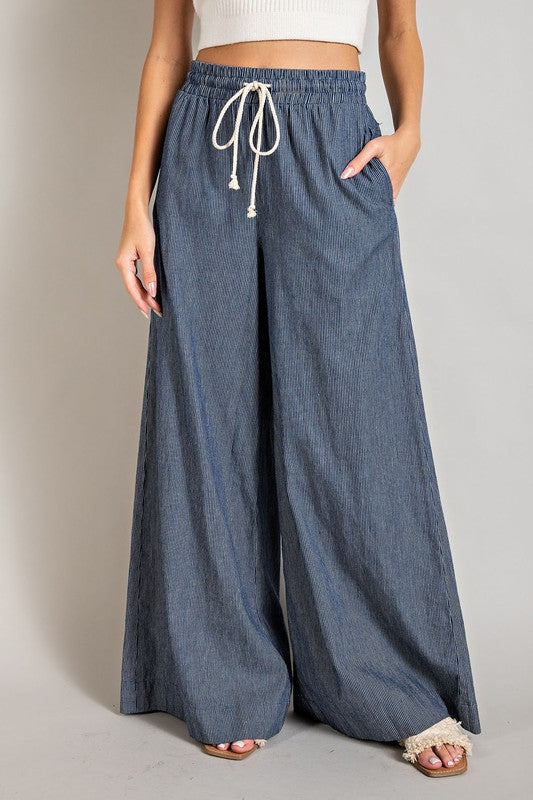 Denim Washed Pinstriped Tie Waist Wide Leg Pants