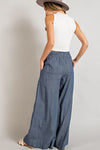 Denim Washed Pinstriped Tie Waist Wide Leg Pants