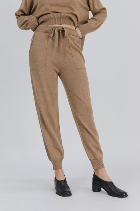 Camel Colored Elastic Waist Tiered Satin Wide Pants