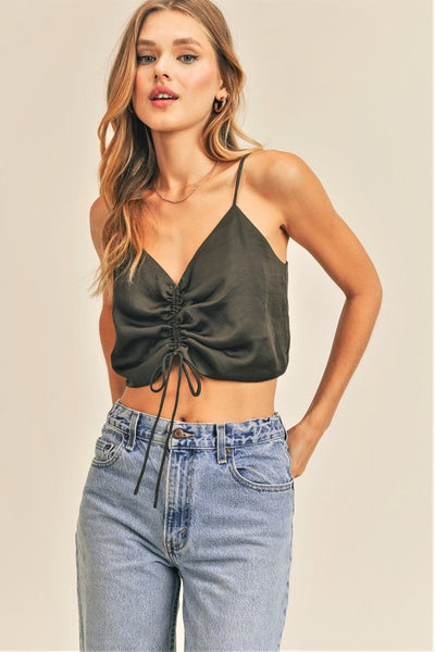 Olive Colored Silky Ruched Cropped Top