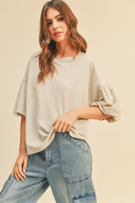 Stone Colored Round Neck Cuffed Sleeve Top