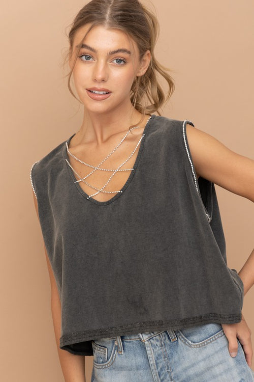 Charcoal Colored Mineral Washed Rhinestone Detail Top
