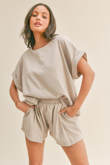 Brown Colored Washed Tencel Crop Top with Wide Leg Pants Set