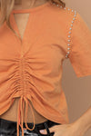 Rust Colored Tie Front Stone Studded Top