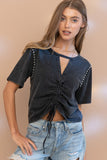Black Colored Tie Front Stone Studded Top