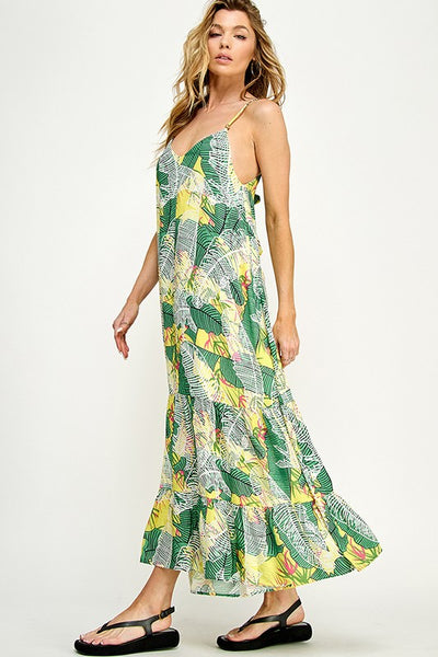 Green and Yellow Tropical Print Tie Back Maxi Dress