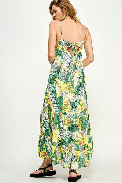 Green and Yellow Tropical Print Tie Back Maxi Dress