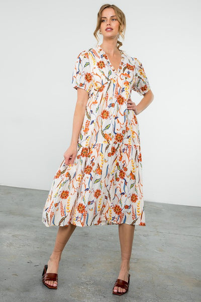 White and Orange Floral V-Neck Midi Dress