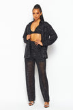 Black Colored Sequin Long Sleeve Top, Bra and Straight Leg Pant Set