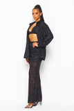 Black Colored Sequin Long Sleeve Top, Bra and Straight Leg Pant Set