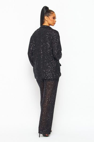Black Colored Sequin Long Sleeve Top, Bra and Straight Leg Pant Set