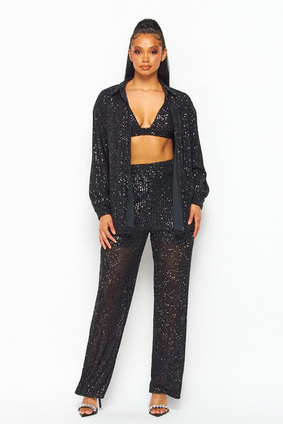 Black Colored Sequin Long Sleeve Top, Bra and Straight Leg Pant Set