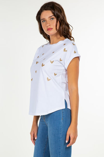 White Colored Gold Glitter Heart Print T Shirt