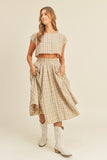 Taupe Colored Plaid Crop Top and Midi Skirt Set