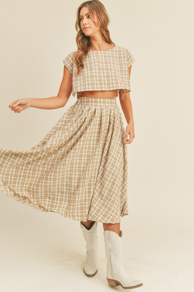Taupe Colored Plaid Crop Top and Midi Skirt Set