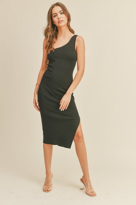 Black Colored Unbalanced Shirring Dress